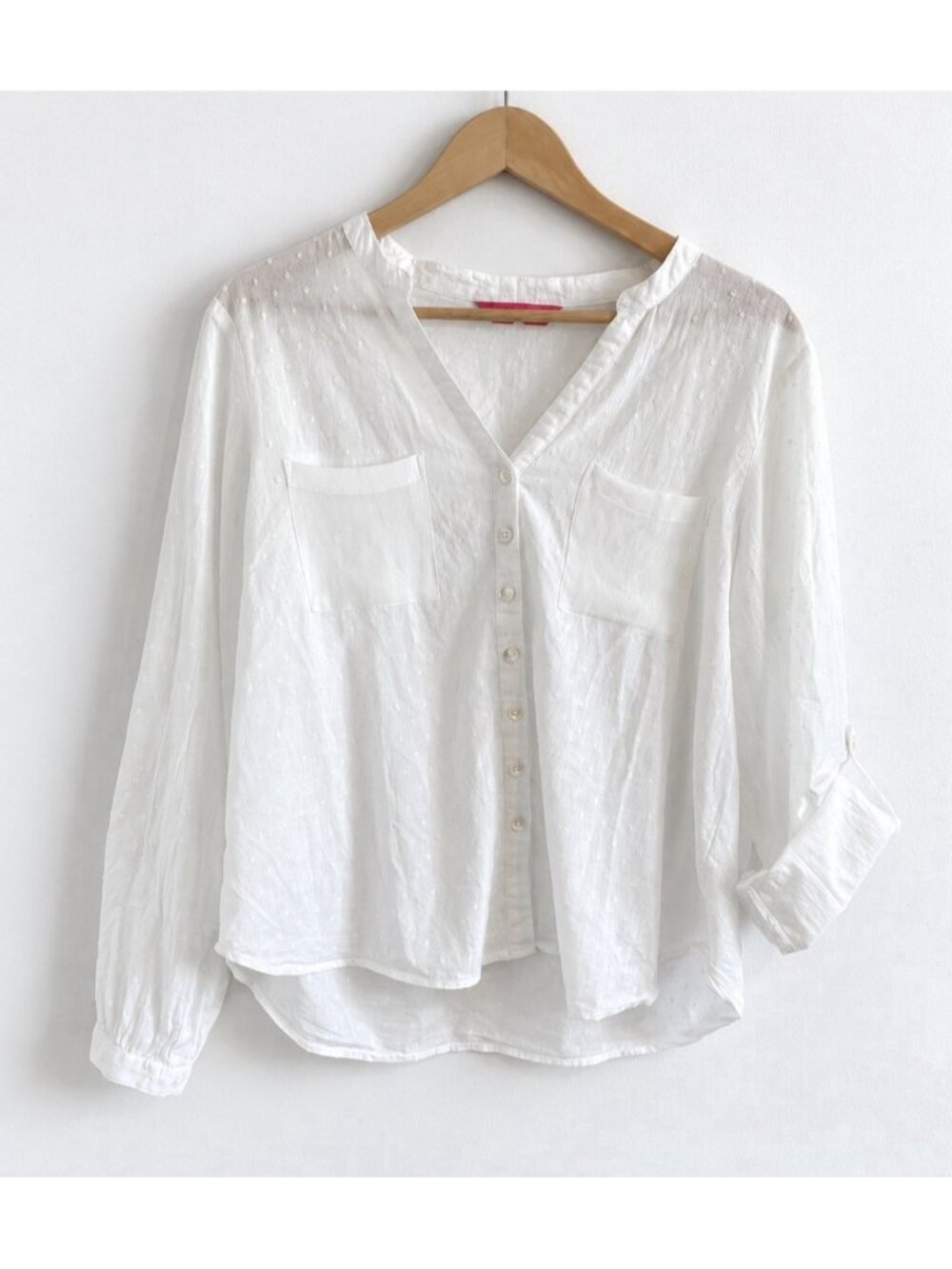 April Cornell White Swiss Dot Cotton Button Up Blouse Roll Tab Sleeve Womenβs